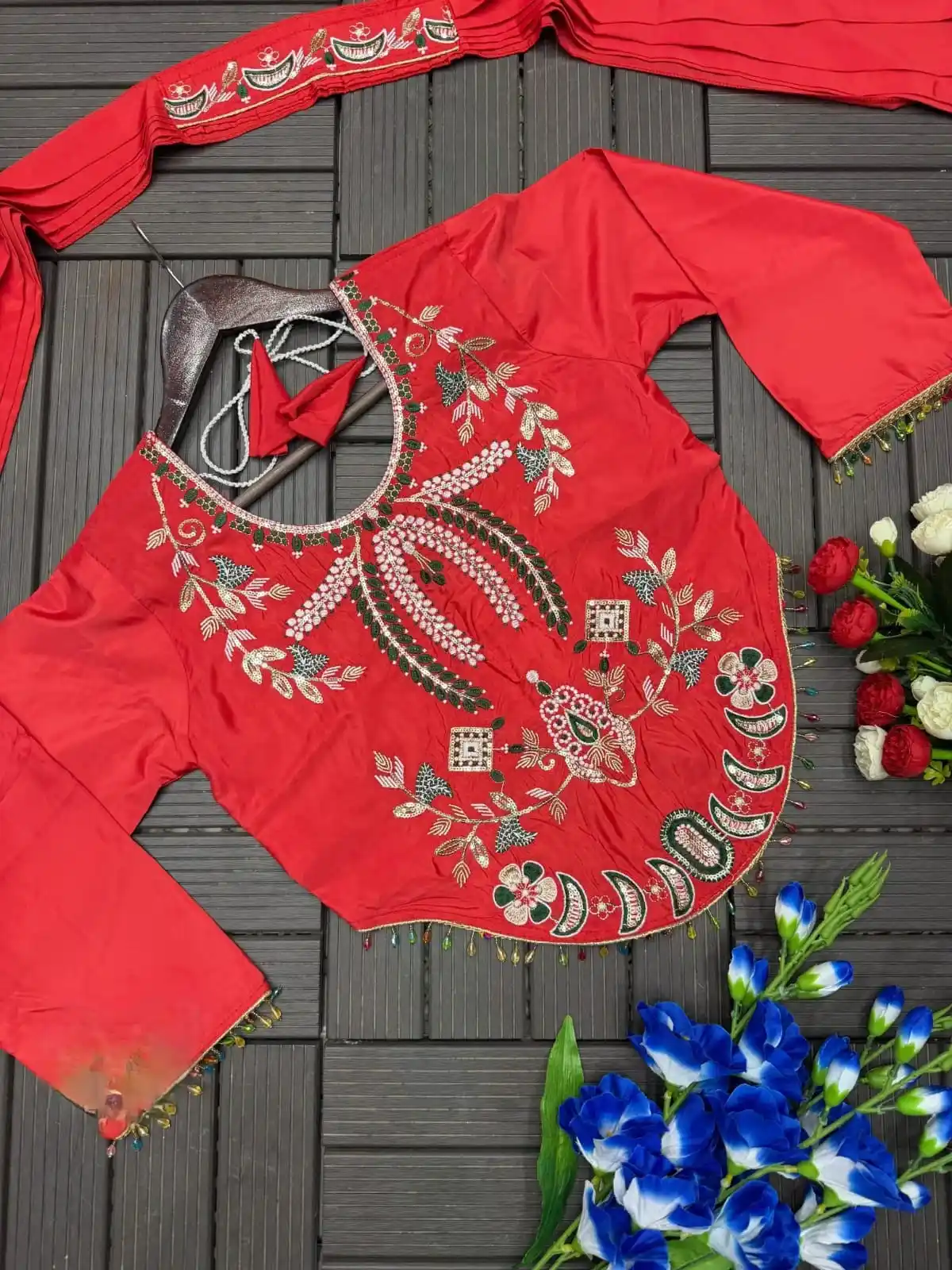Rich Red Creap Embroidery Sequence work Blouse and Lehenga